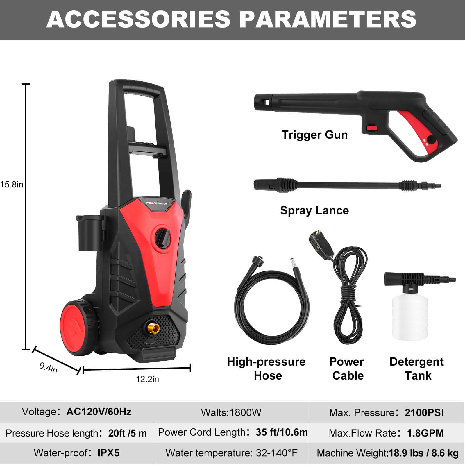 1850PSI 1.85GPM Electric Pressure Washer DB1023-W