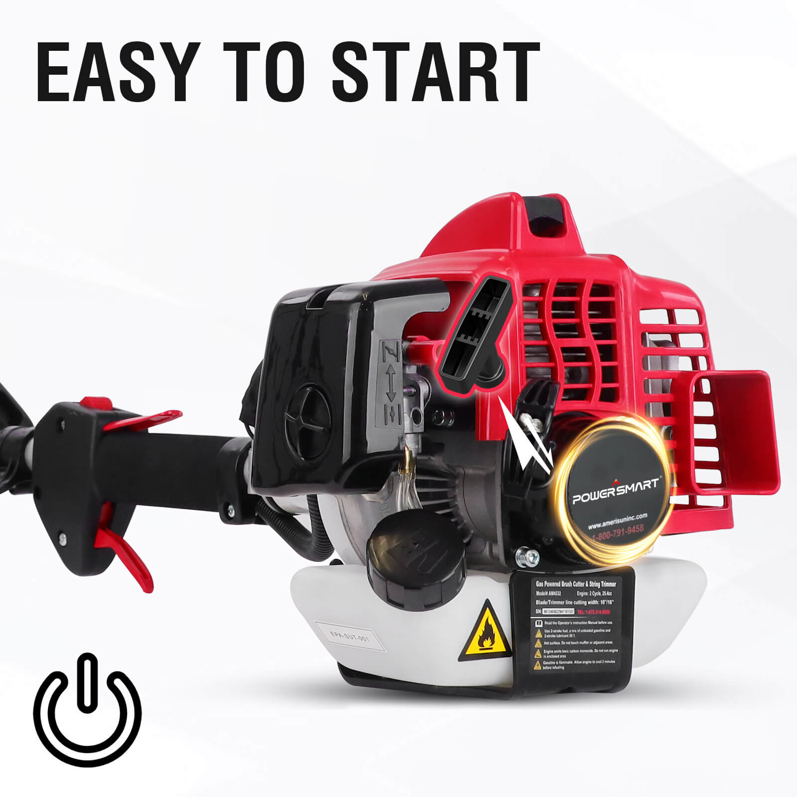 Red and black engine with 'PowerSmart' branding on a white background, featuring text 'EASY TO START'.