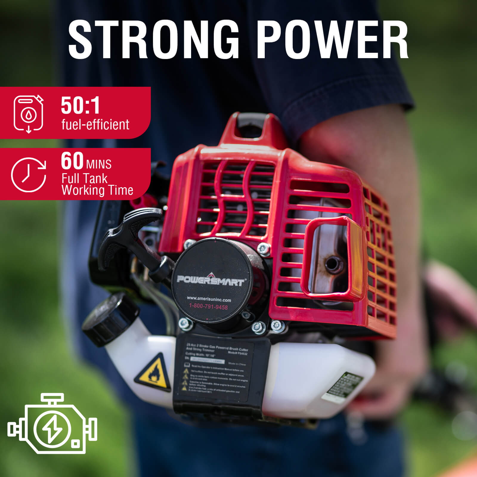 Red and white engine with 'Powermart' branding, held by a person, on a blurred green background.
