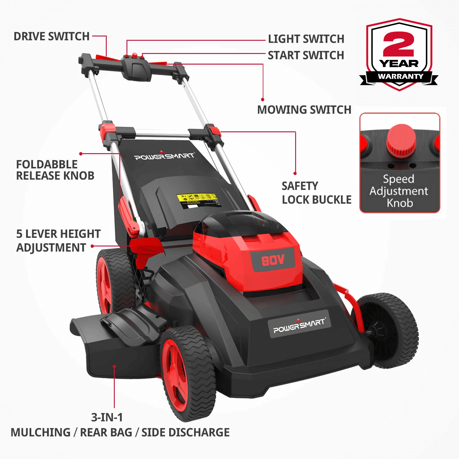 80V 26" Brushless Cordless Self-propelled Lawn Mower Red  W/ Battery & Charger PS76826SRB