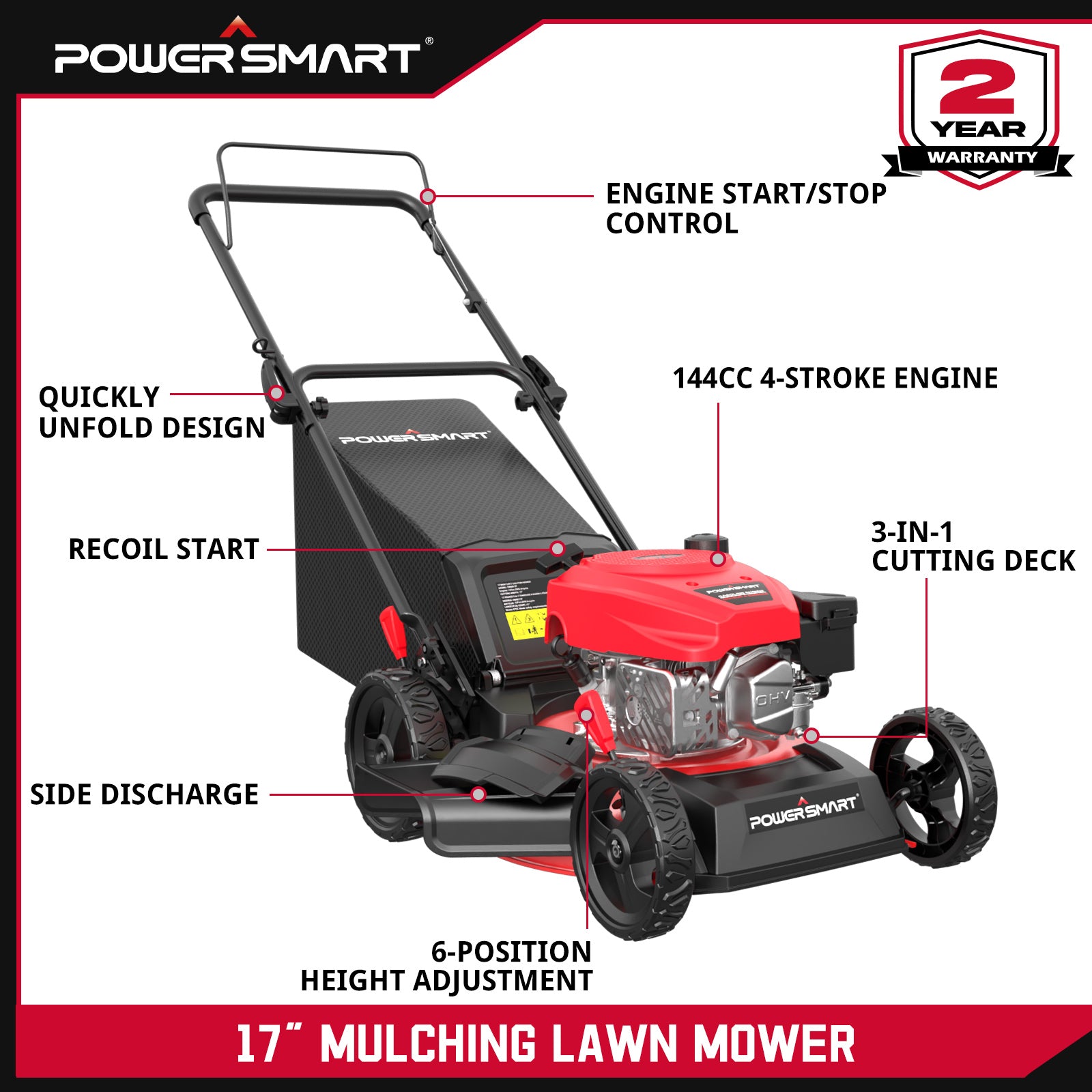 17" 144cc Gas Push 3-in-1 Lawn Mower DV8618P-M