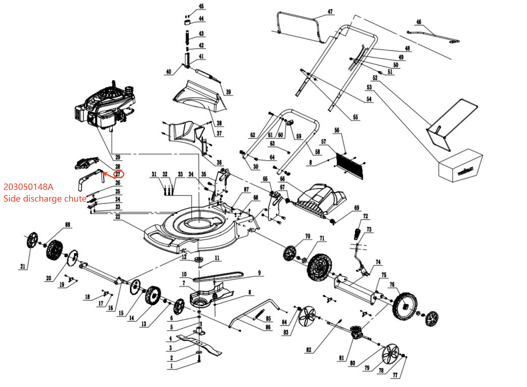 Lawn Mower Parts - Side Discharge Chute, Stock #203050148A